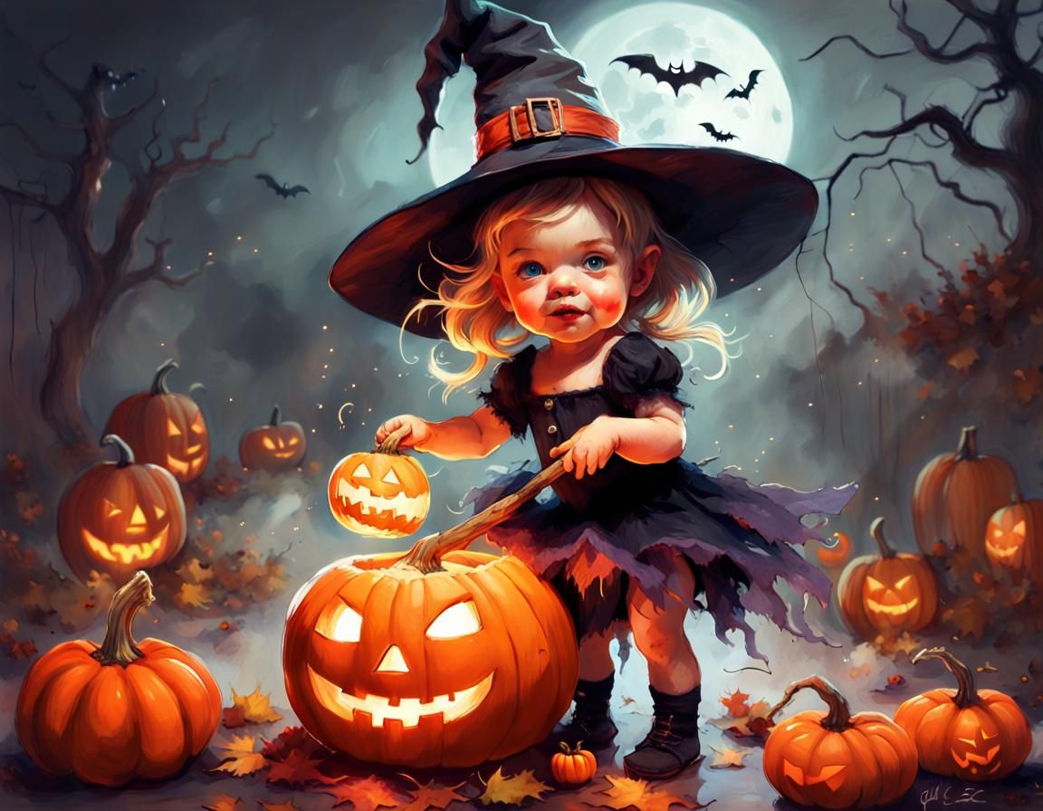 Halloween Witch Toddler with Pumpkin, Hyperrealistic Art