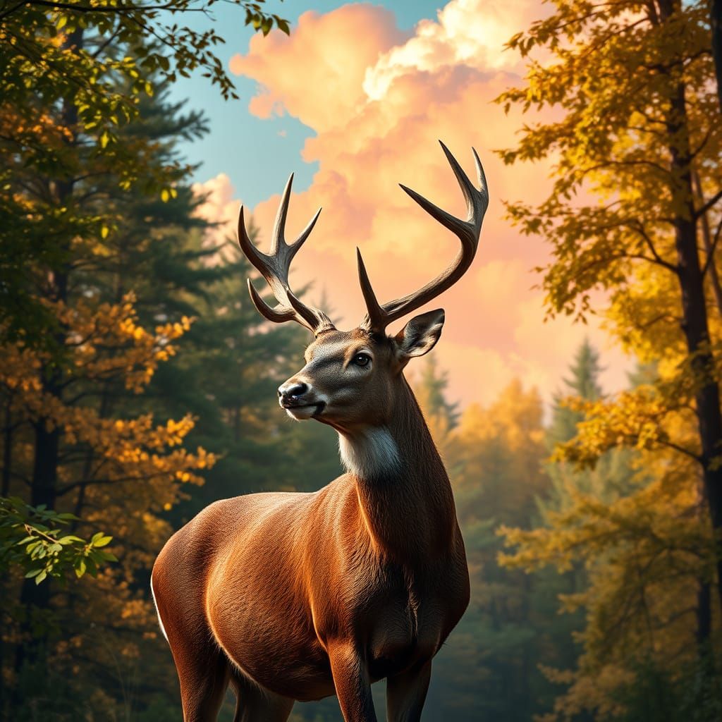 Surreal Nature Scene of a Regal Buck in a Vibrant Forest Par...