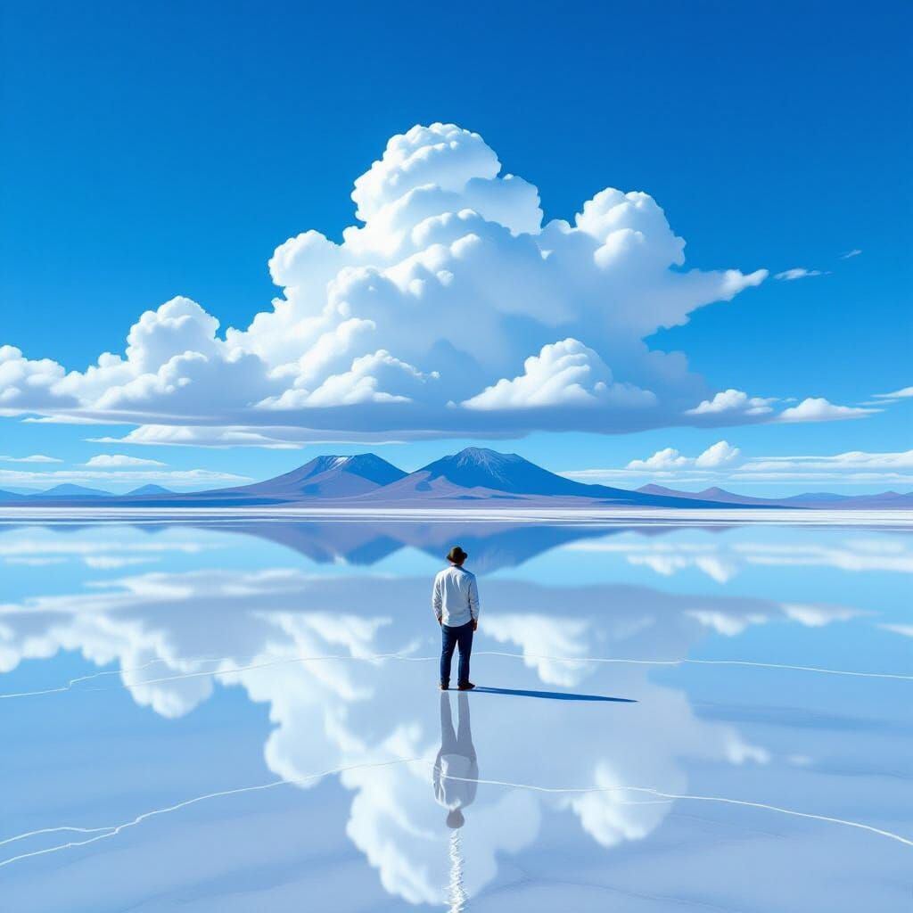 Man Reflecting on Salar de Uyuni Salt Flats Under Puffy Clou...