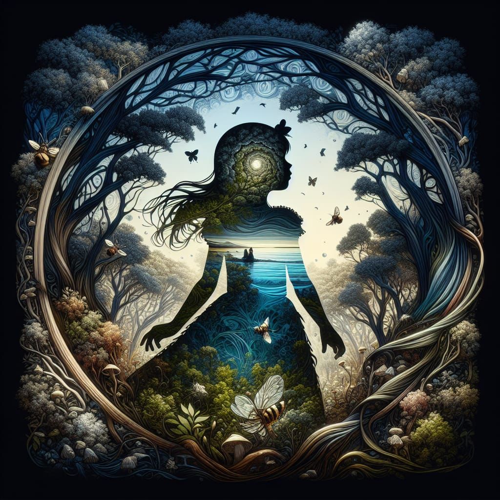 Girl Silhouette Longing for Adventure in Art Nouveau Style