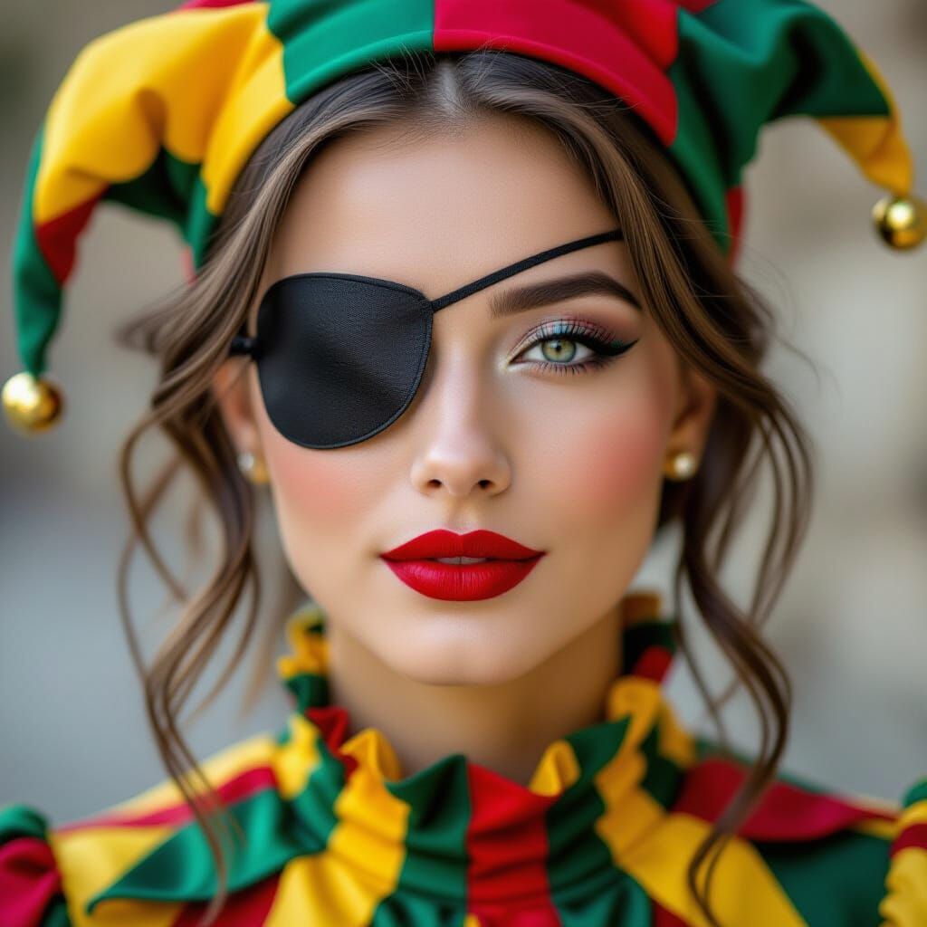 Harlequin Jester with Eye Patch Portrait