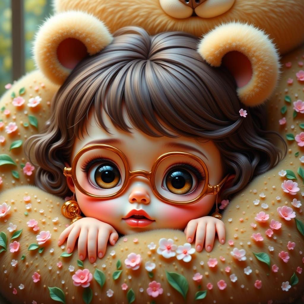 Whimsical Bear Cuddles a Chibi-Eyed Girl