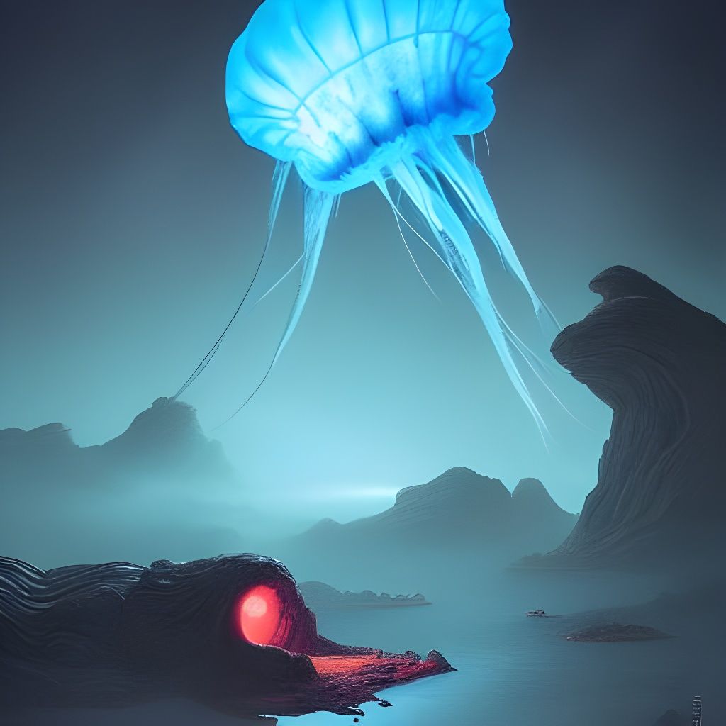 Glowing Atmospheric Jellyfish in Alien Landscape