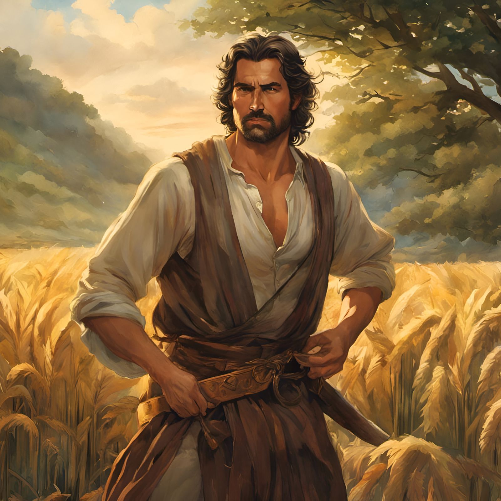 Handsome Farmer in Field: Watercolor Ghibli Style