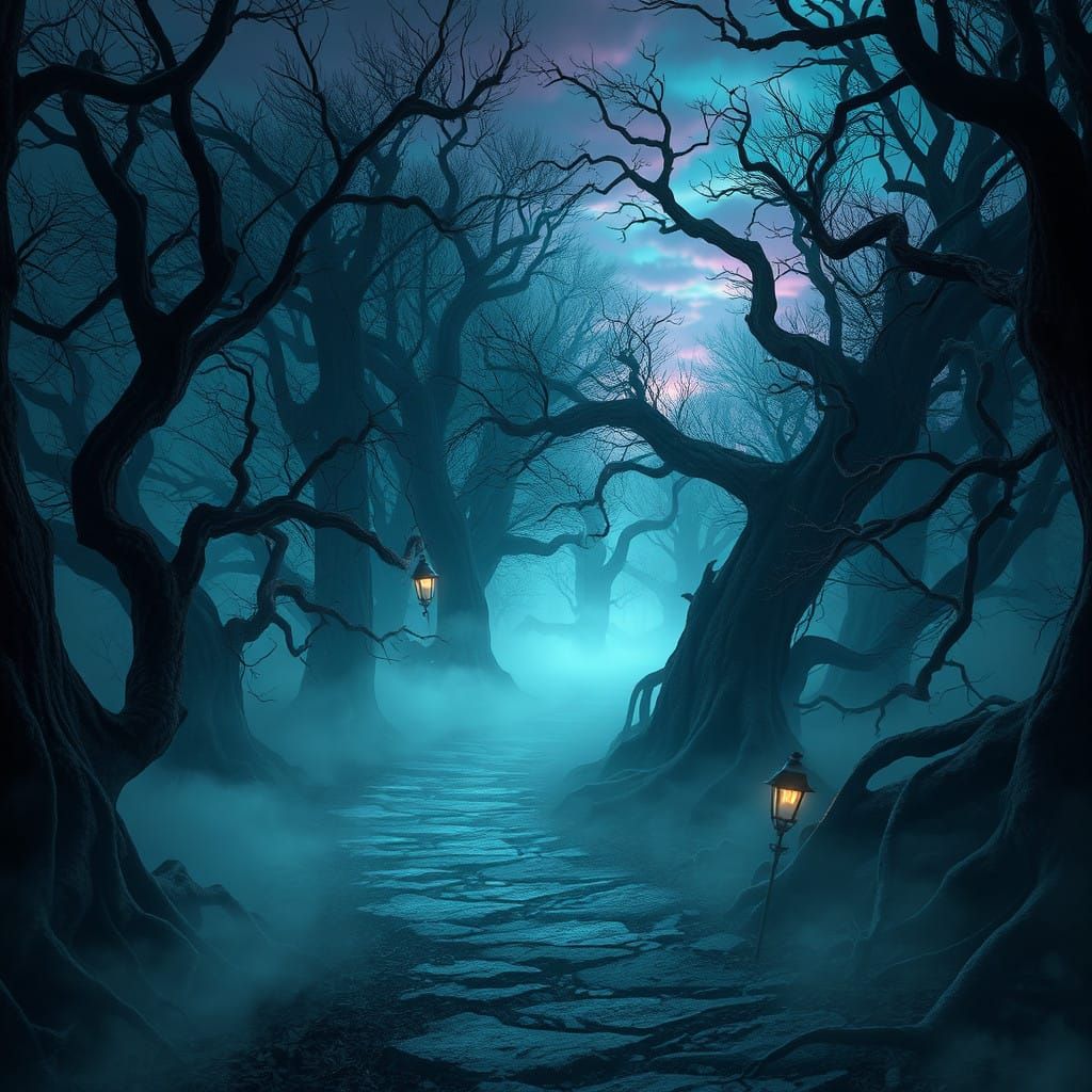 Ethereal Ancient Forest Pathway in Dreamlike Glowing Landsca...