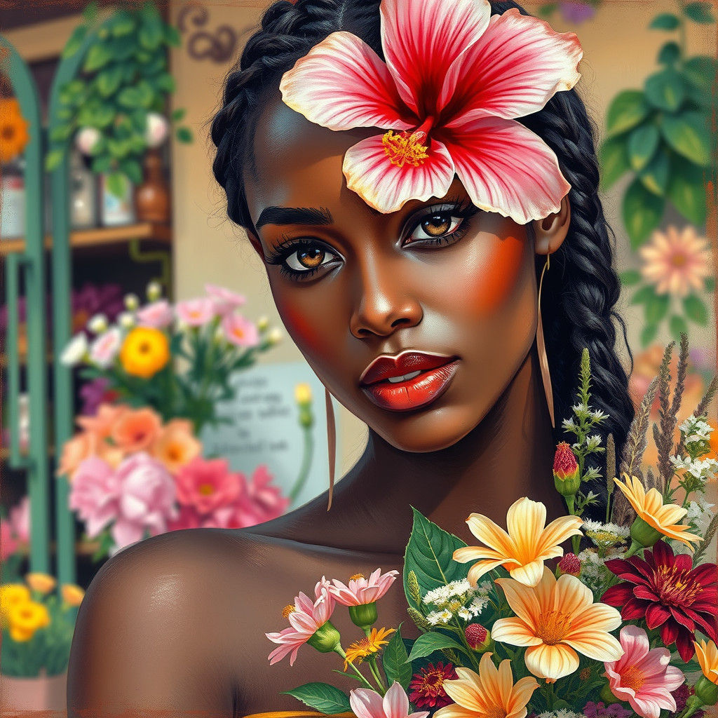 a beautiful dark-skinned young female with flowers