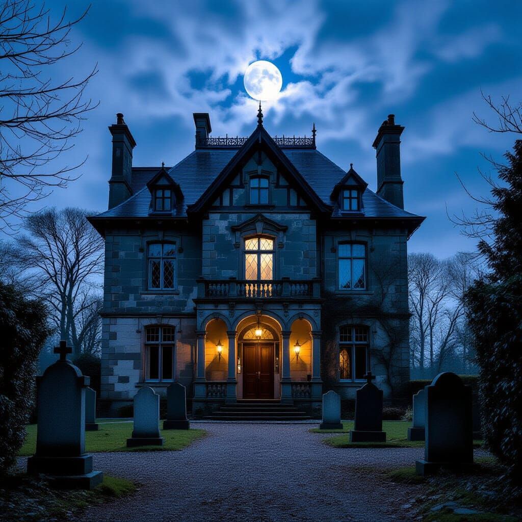 Gothic Manor Cemetery at Night, Matte Painting Style