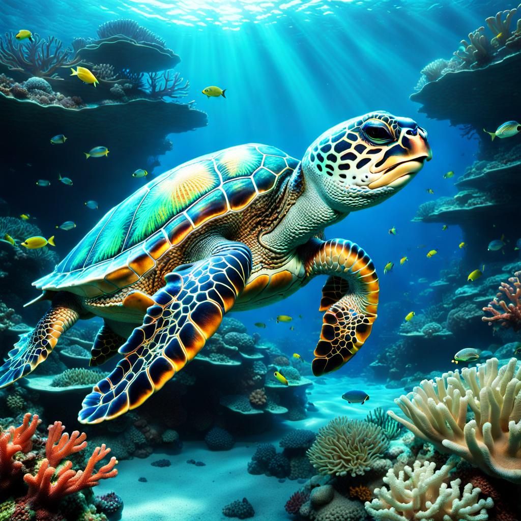 Bioluminescent Turtle in Coral Reef: Digital Illustration
