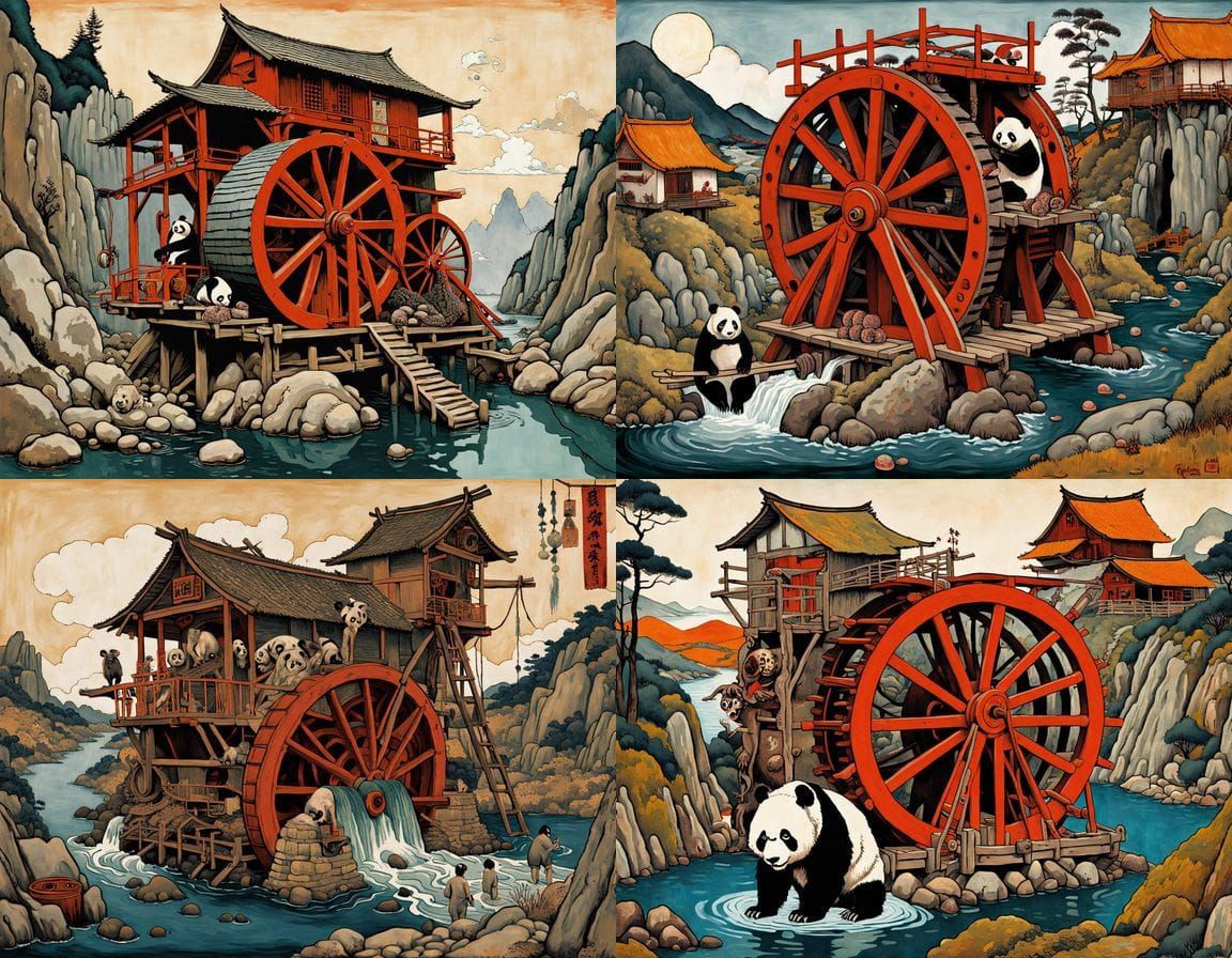 Surreal Water Wheel Horror in Egon Schiele Style