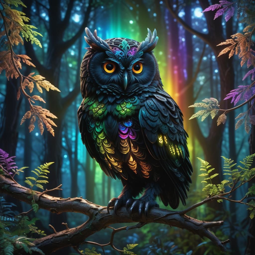 Rainbow Filigree Owl in Enchanted Forest, Bioluminescent