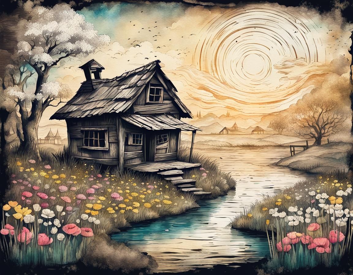 Spring Landscape in Surreal Ink Torn Paper Art