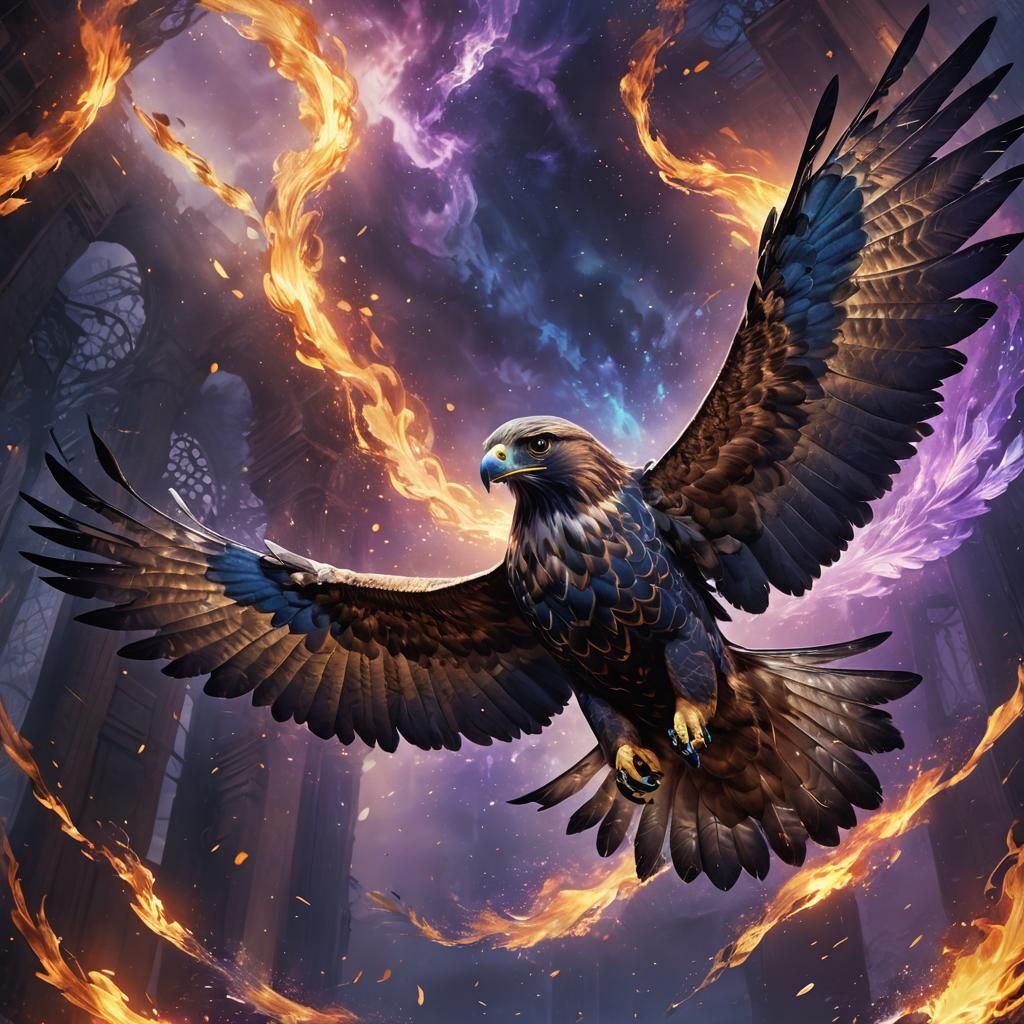 Majestic Hawk Soars Through Mystical Realm
