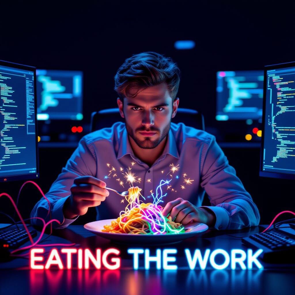 Cyberpunk Office Worker Eats Neon Wire Pasta