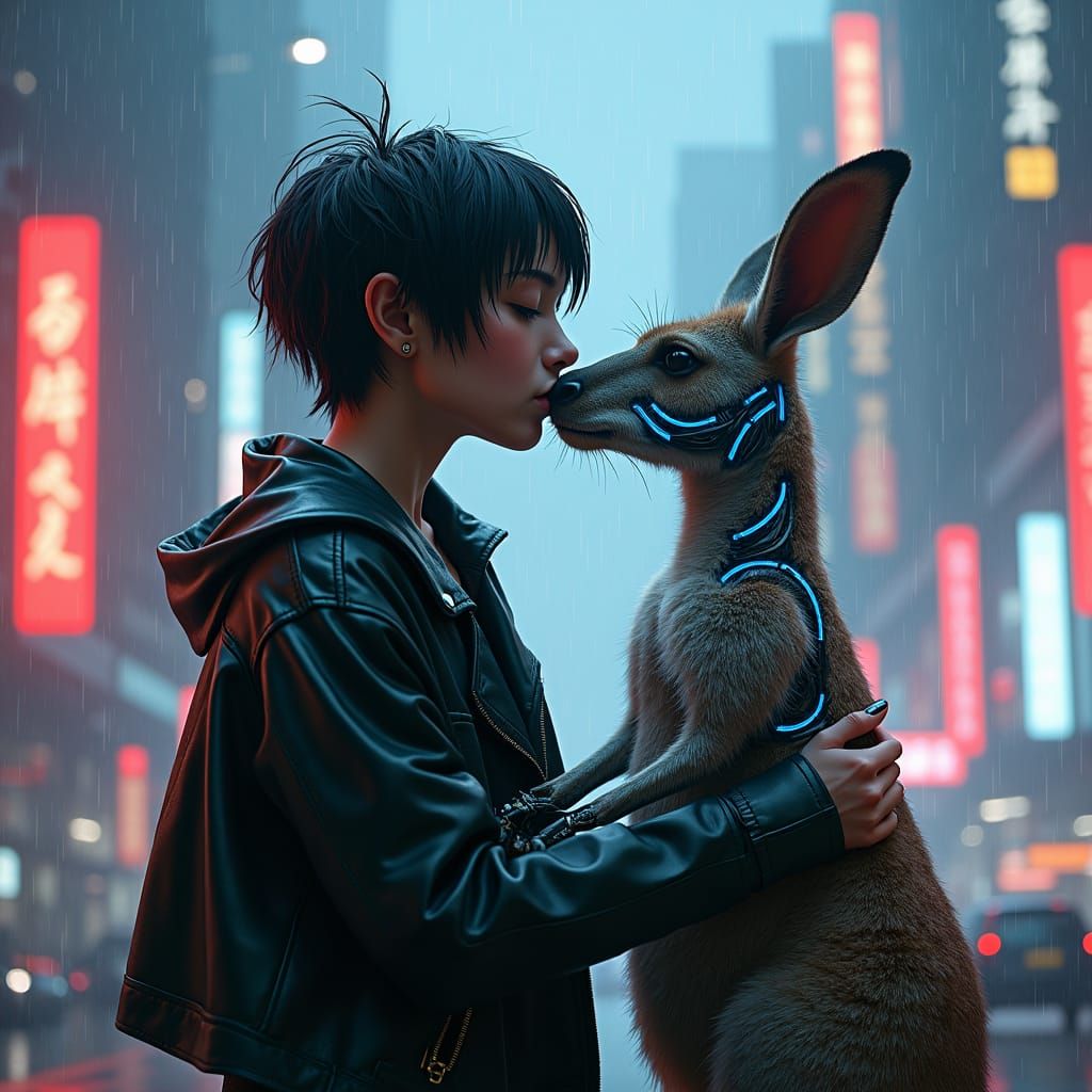 Cyberpunk Woman Kisses Cybernetic Kangaroo