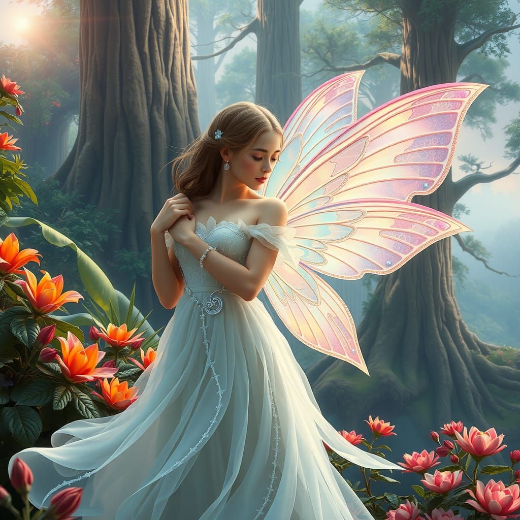 Beautiful Fairy with Iridescent Wings in Lush Forest