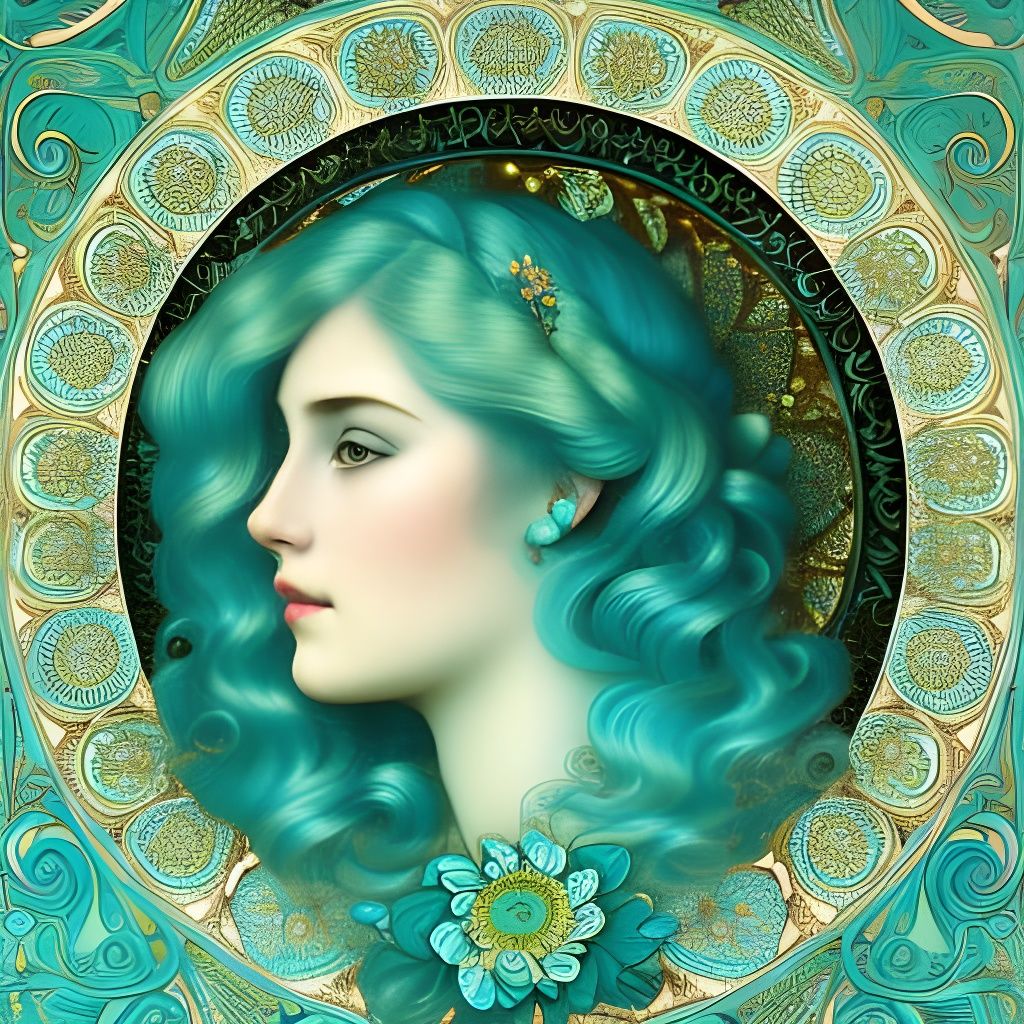 Teal-Haired Girl with Flowers in Art Nouveau Style