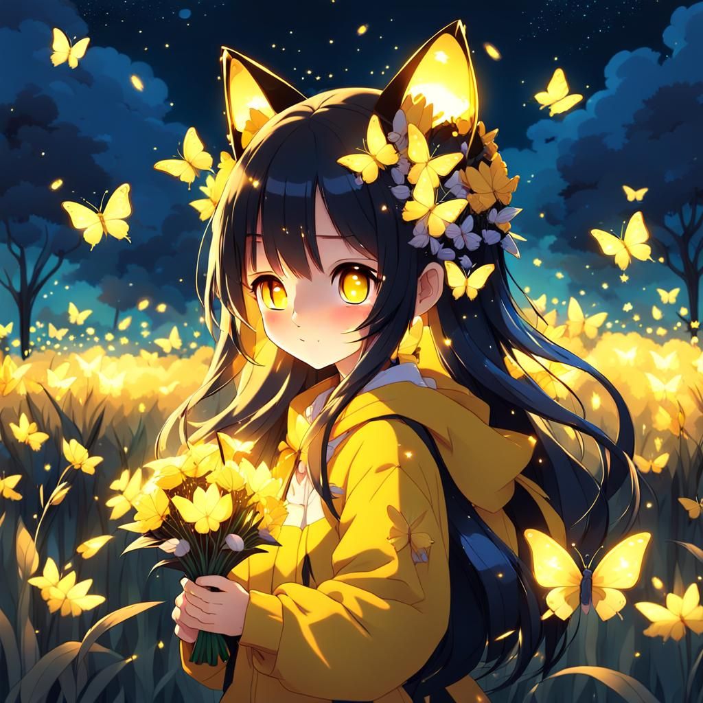 Anime Girl with Butterflies and Fireflies