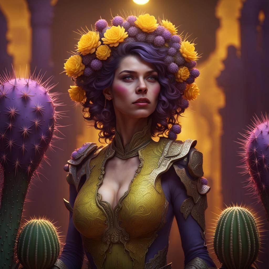 Charming Woman Transformed into Cactus: Dark Fantasy Art
