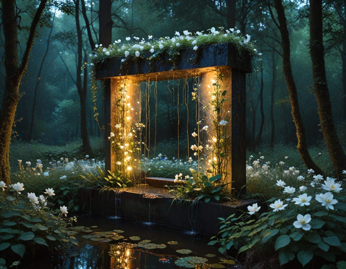Ethereal Forest Fountain in Evening Sunlight