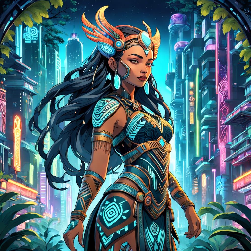 Maori Goddess Fusion: Art Nouveau Meets Cyberpunk