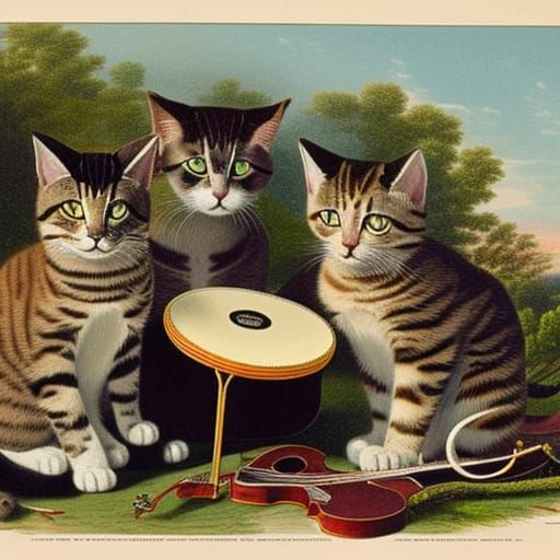 Cats Form a Rock Band: Vintage Botanical Illustration