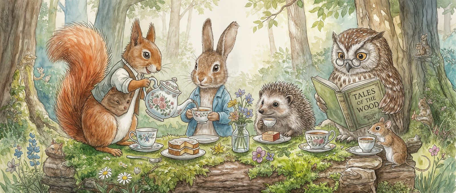 Woodland Creatures Tea Party in Watercolor Style