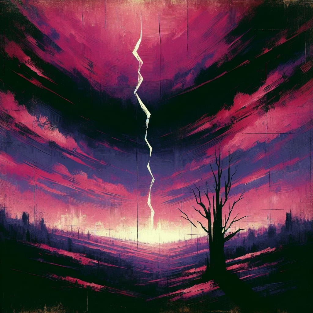 Brutalist Tree Silhouette with Lightning Strike