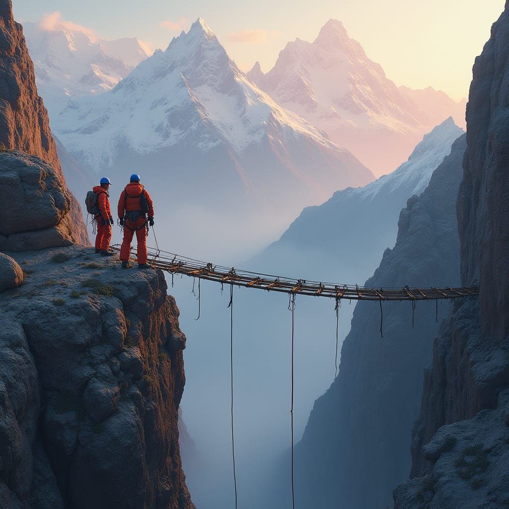 Climbers Prepare to Cross Gorge in Golden Light