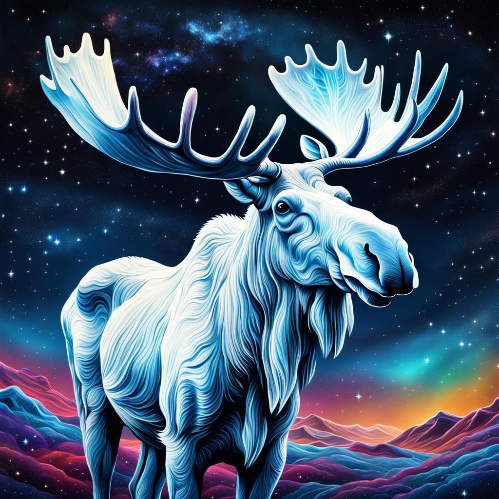 Surreal White Moose in Space Illustration