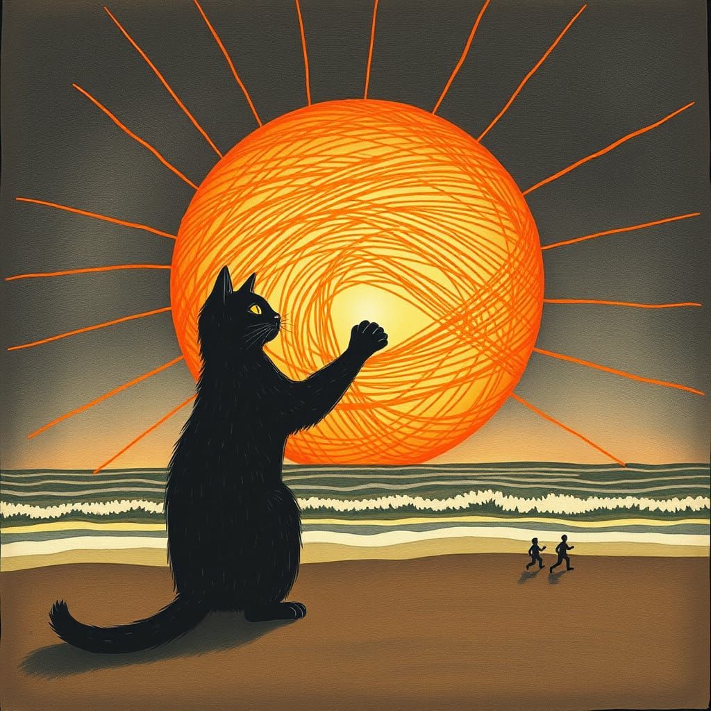 Primitive Art: Giant Cat Reaching for Yarn Sun