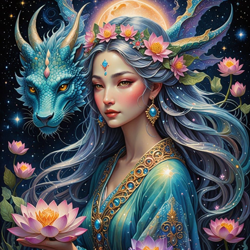 Moon Goddess Whispers to Dragon Among Stars