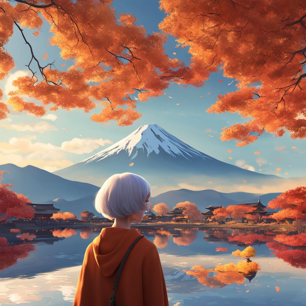 Woman Gazes at Mount Fuji in Autumn Anime Style
