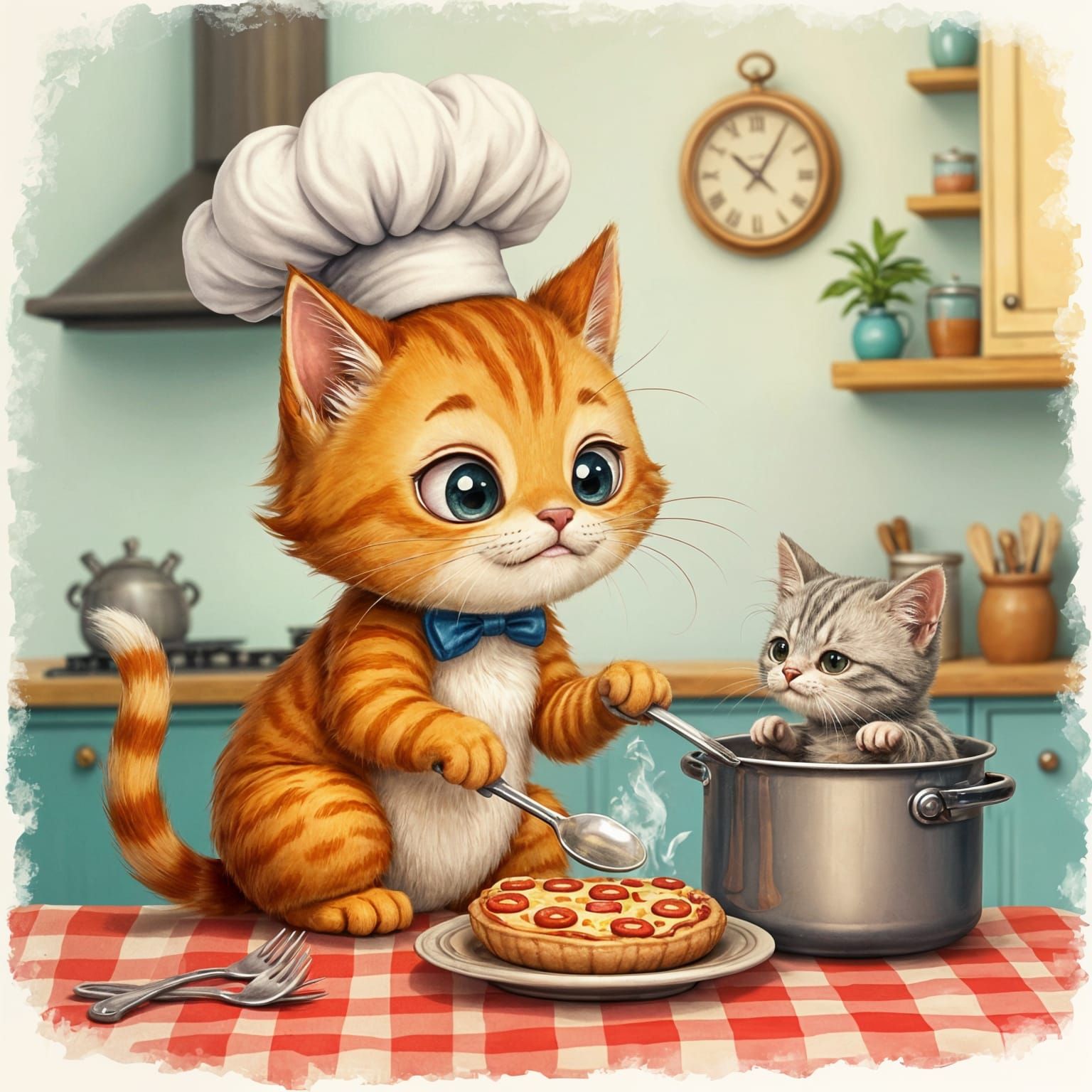 Whimsical Vintage Chef Cat Cooks for Kittens