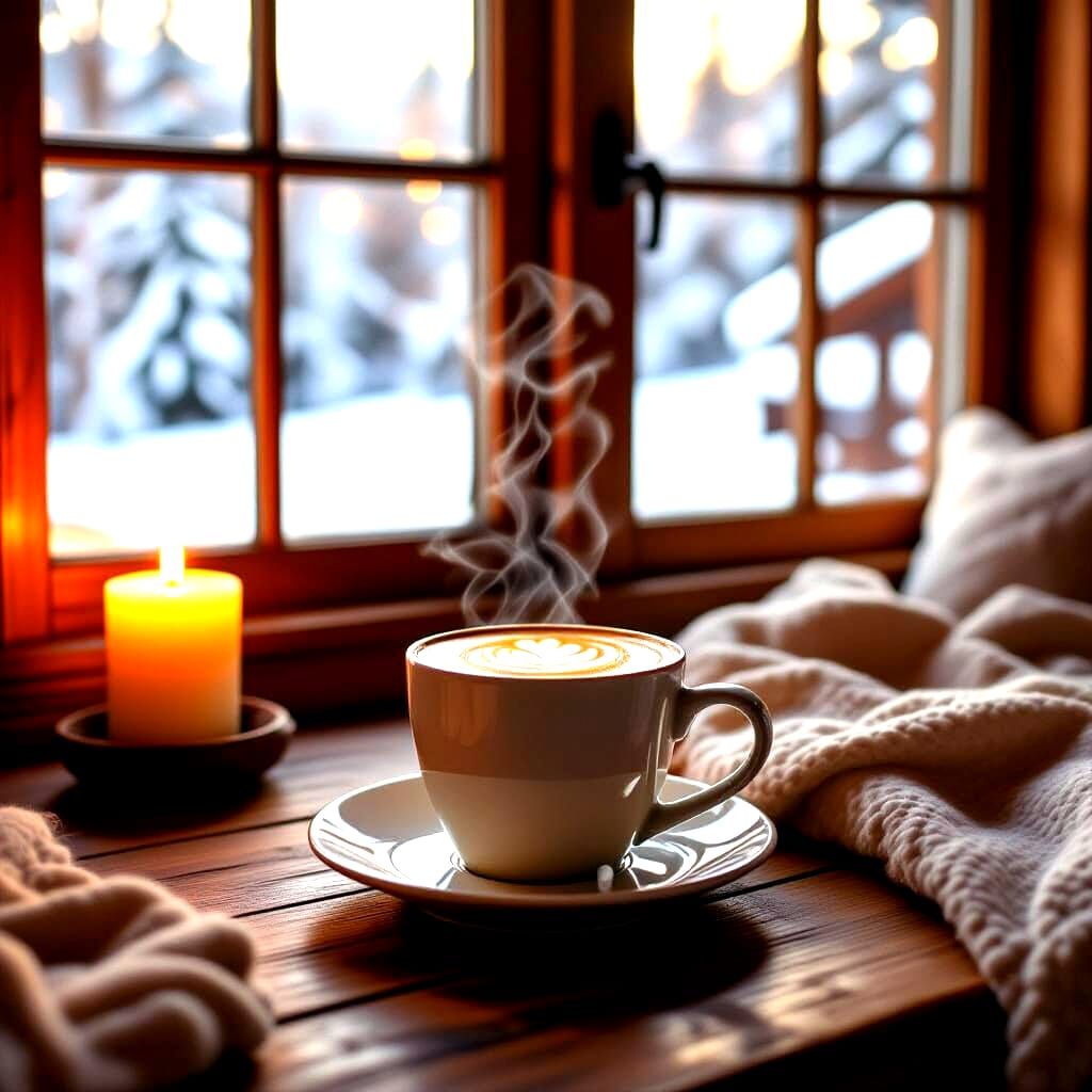 Cozy Cabin Latte with Candle: Realistic Photo