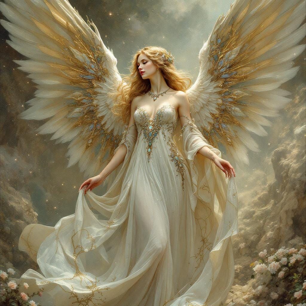 Fantasy Angel Adorned with Jewels in Art Nouveau Style