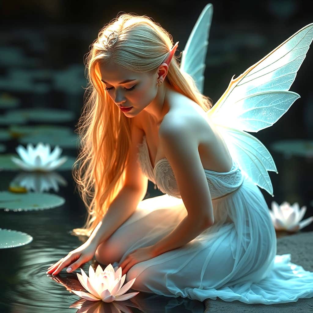 Surreal Elven Portrait with Lily Pond Reflection