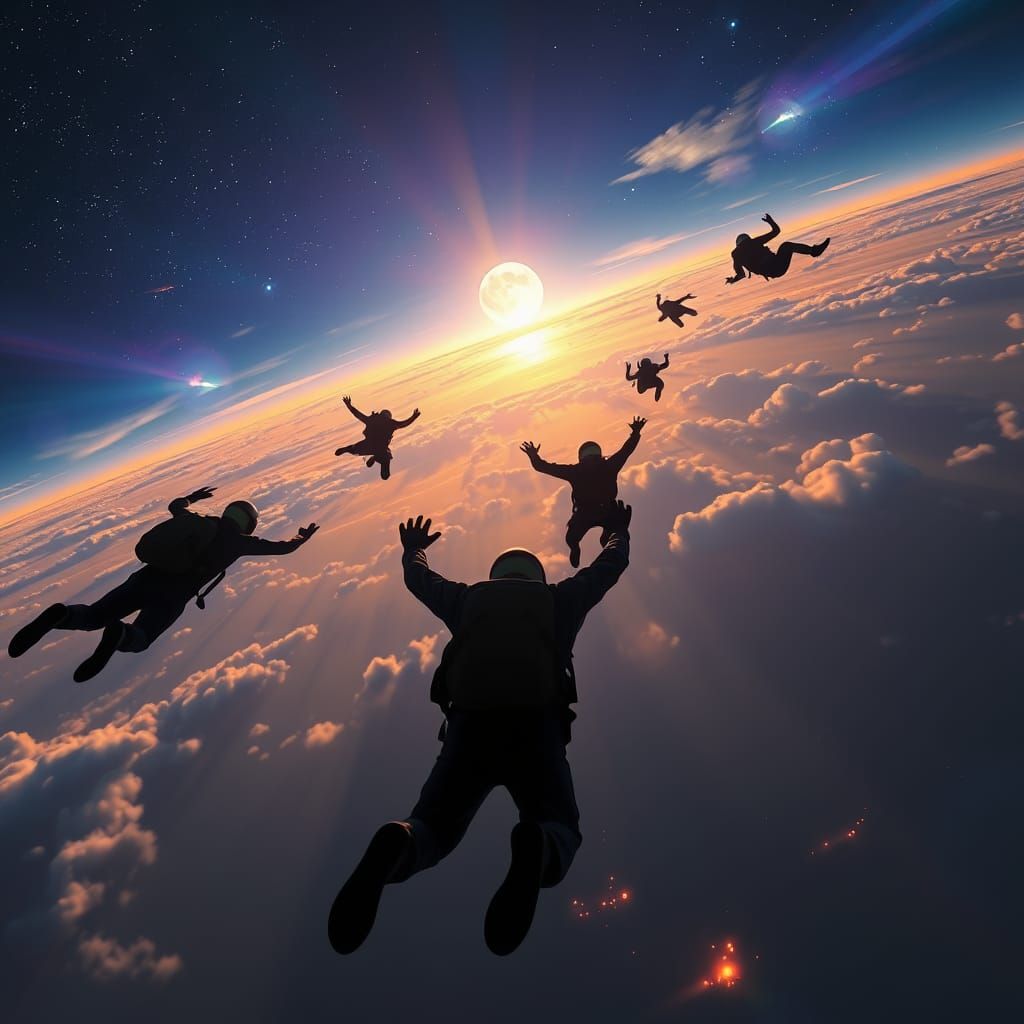 Cosmic Skydivers Dance Under Vibrant Moonlight