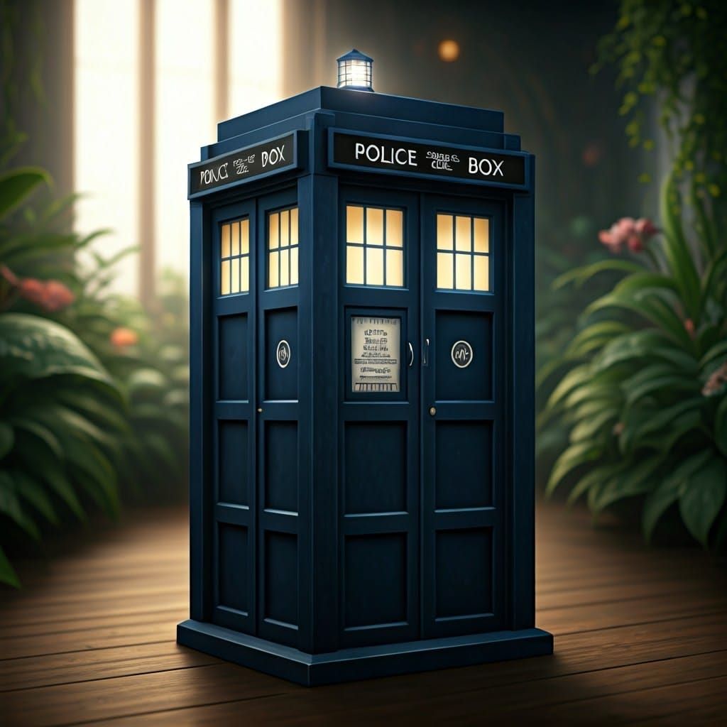 TARDIS in a Lush Garden, Soft Natural Lighting