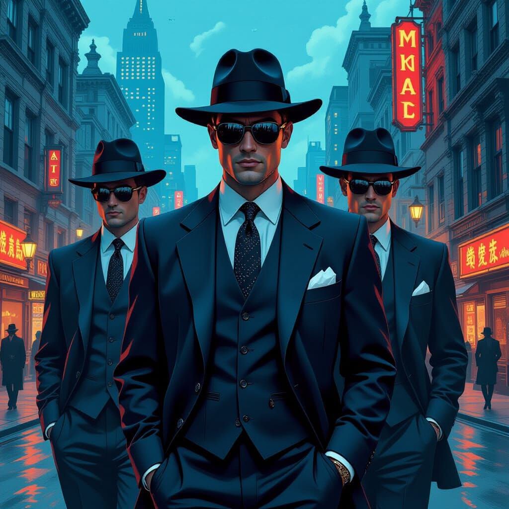 Men's 1950s Fashion in Nostalgic Cityscape