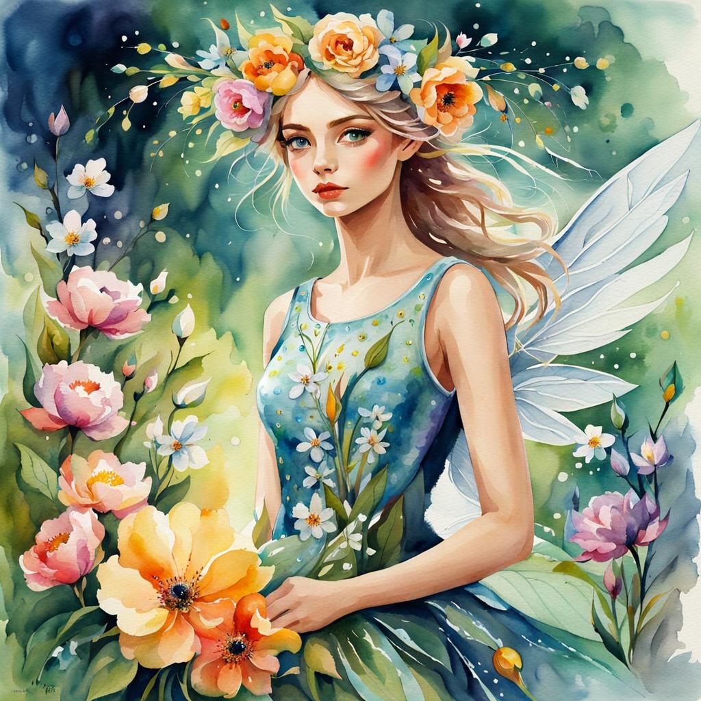 Beautiful Spring Fairy in Watercolor Style