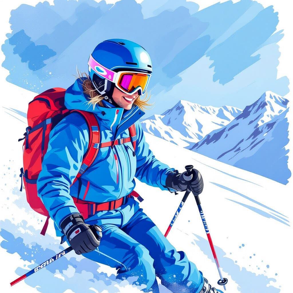 Skier in Blue Suit on Snowy Mountain, Vibrant Watercolor Art