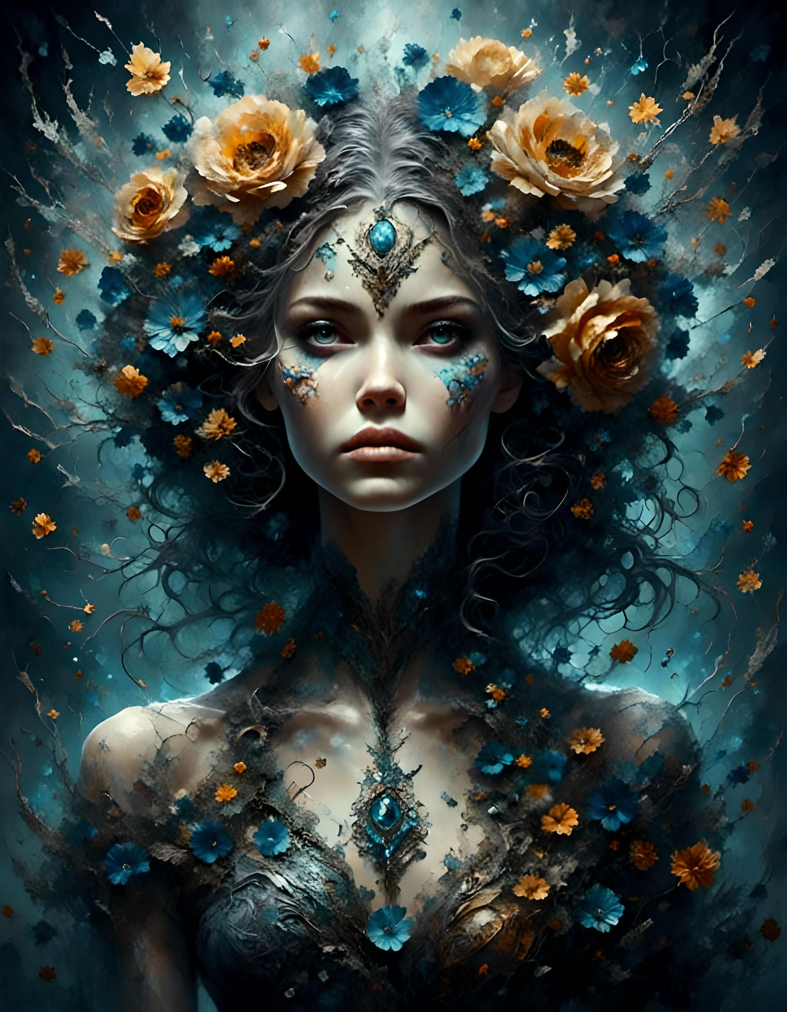 Mesmerizing Portrait with Snakes and Flowers in Chiaroscuro
