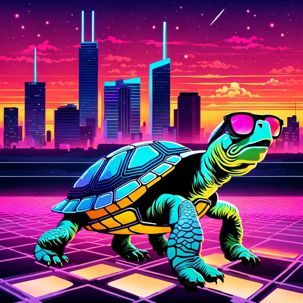 Cool Turtle on Neon Grid in Synthwave Style