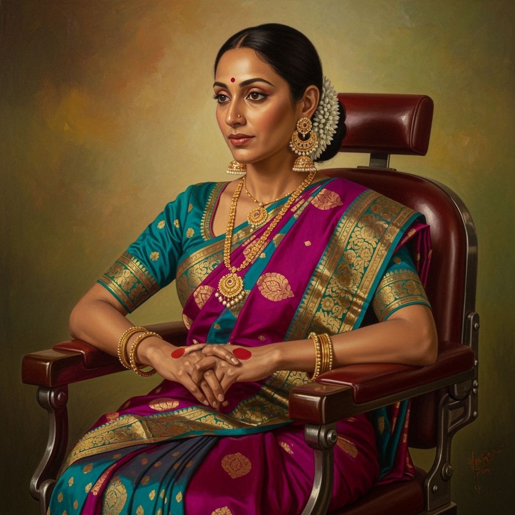 Indian Woman in Saree Seated in Barber Chair