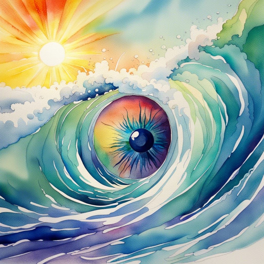 Ocean Wave Eye: Watercolor Art with Sunlight
