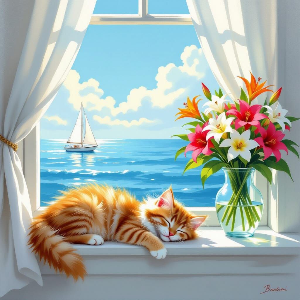 Kitten Sleeping by Ocean Window in Storybook Style