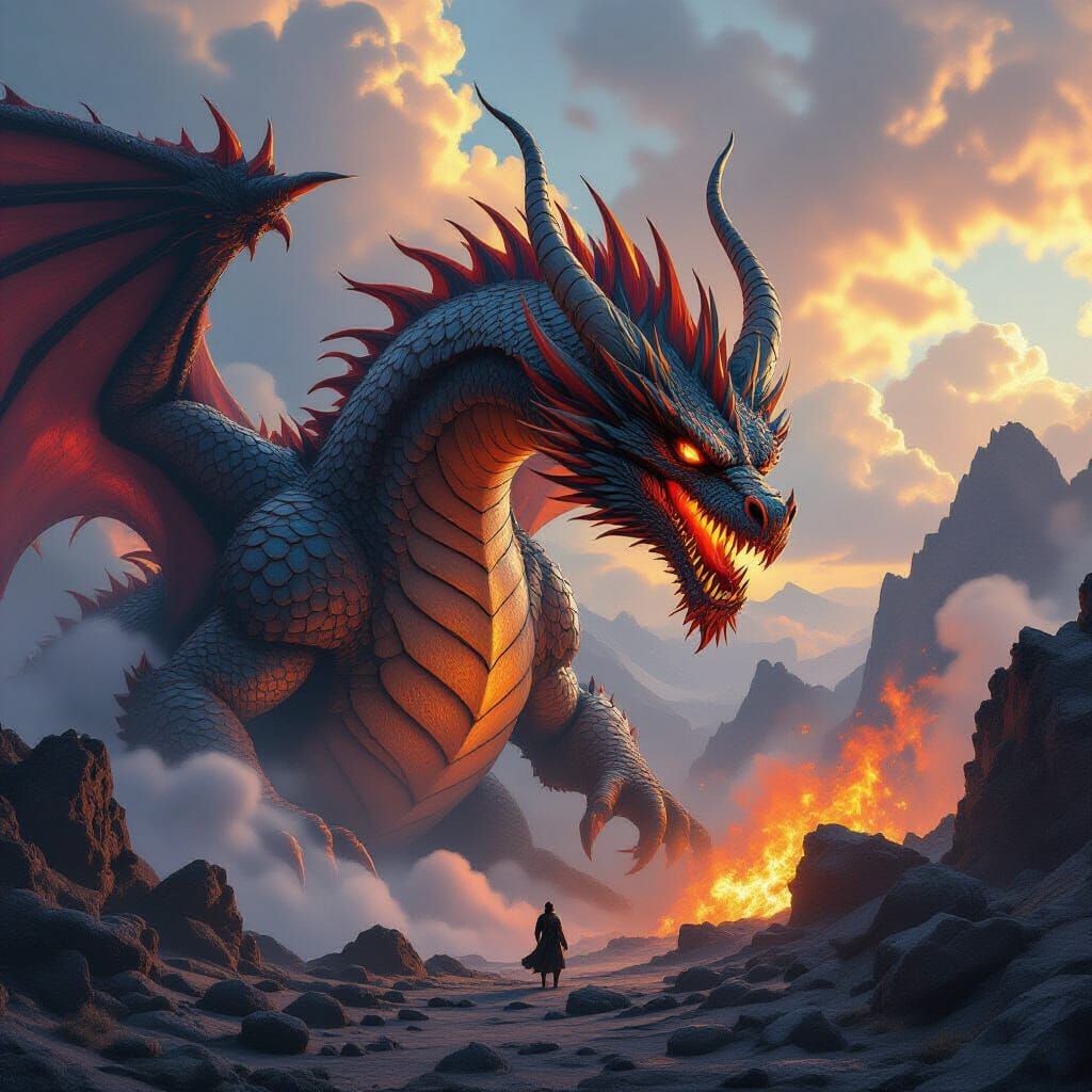 Colossal Five-Headed Dragon in Volcanic Landscape