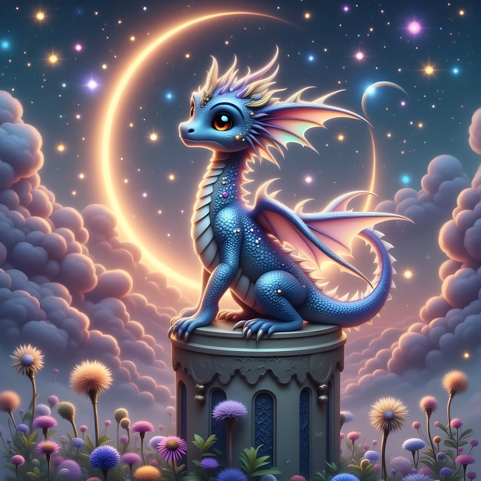 Cute Dragon on Art Deco Skyscraper Under Nebula Sky