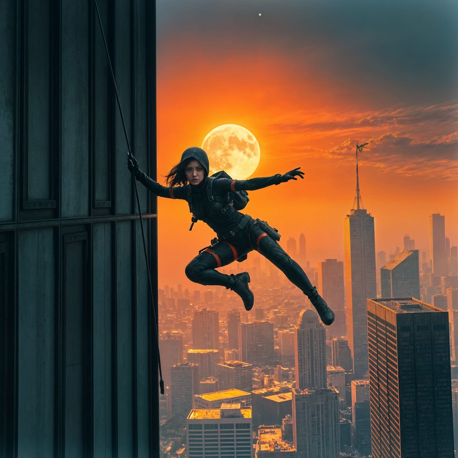 Assassin Leaping From Skyscraper at Sunset in Pencil Drawing...