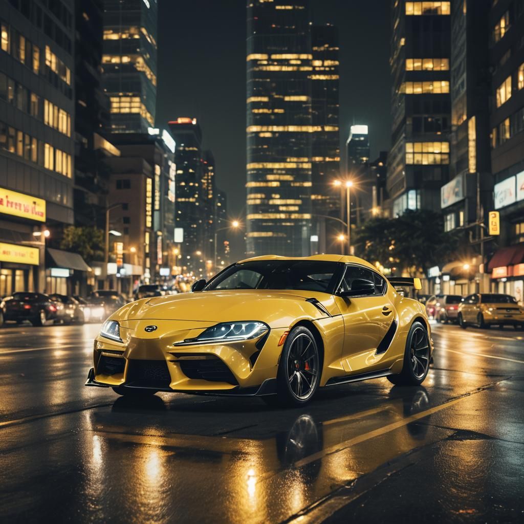 Yellow Supra Speeding Through City at Night
